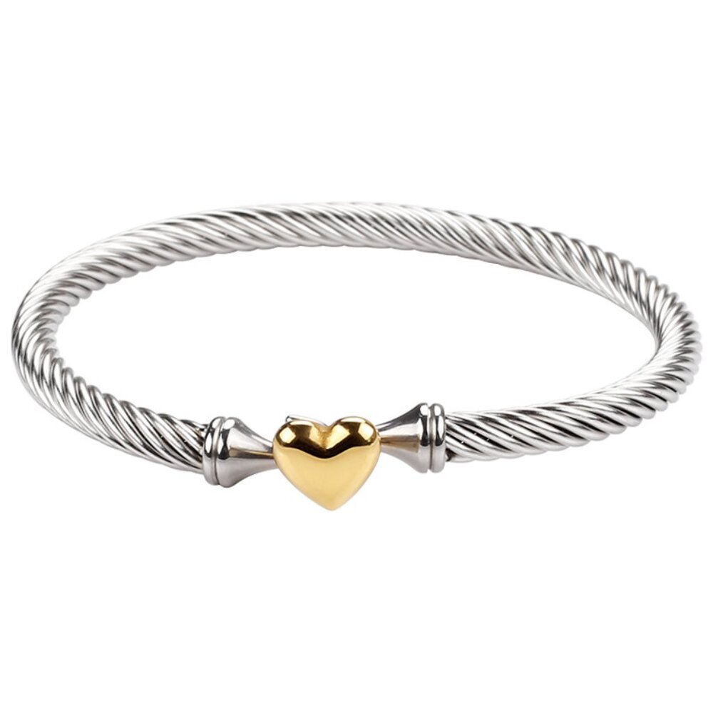 Elegant Titanium Steel Heart Bangle, Two-Tone Silver and Gold